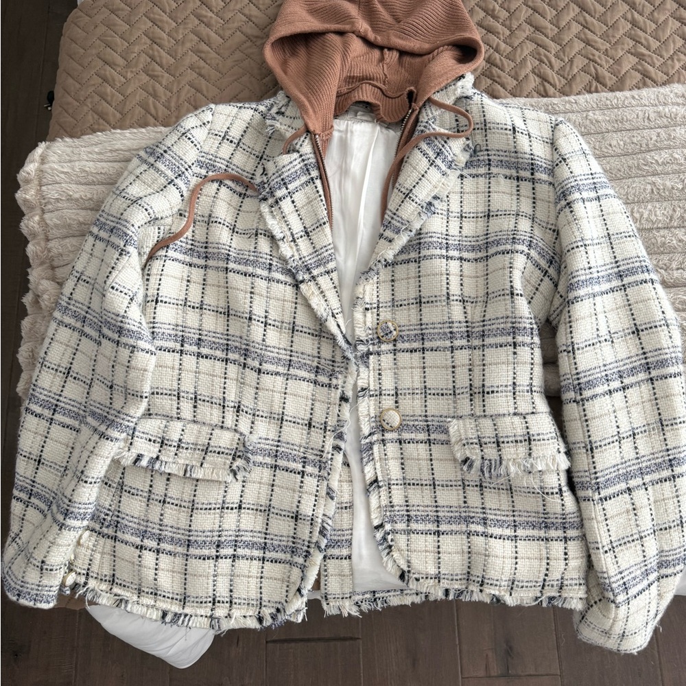 Anthropologie Cream and Black Plaid Blazer with Hood